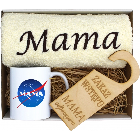 KOMPLET DLA MAMY RĘCZNIK Z HAFTEM + KUBEK 330ml NA PREZENT DZIEŃ MATKI MAMA