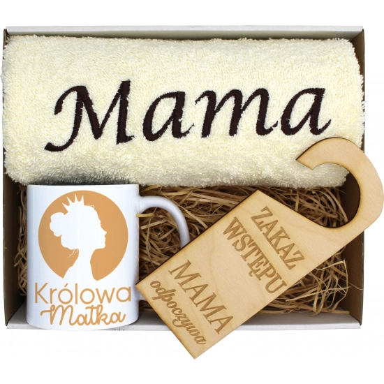 KOMPLET DLA MAMY RĘCZNIK Z HAFTEM + KUBEK 330ml NA PREZENT DZIEŃ MATKI MAMA