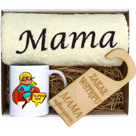KOMPLET DLA MAMY RĘCZNIK Z HAFTEM + KUBEK 330ml NA PREZENT DZIEŃ MATKI MAMA