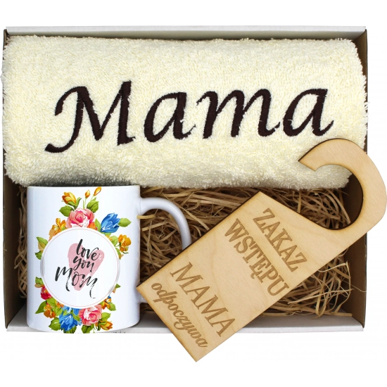 KOMPLET DLA MAMY RĘCZNIK Z HAFTEM + KUBEK 330ml NA PREZENT DZIEŃ MATKI MAMA