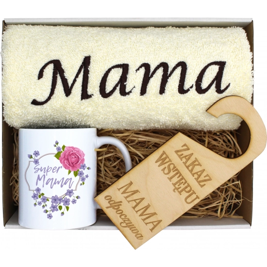 KOMPLET DLA MAMY RĘCZNIK Z HAFTEM + KUBEK 330ml NA PREZENT DZIEŃ MATKI MAMA