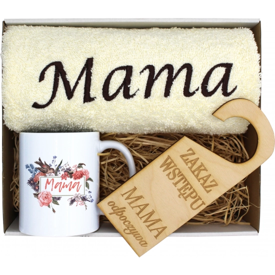 KOMPLET DLA MAMY RĘCZNIK Z HAFTEM + KUBEK 330ml NA PREZENT DZIEŃ MATKI MAMA