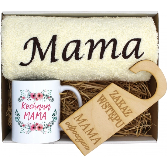KOMPLET DLA MAMY RĘCZNIK Z HAFTEM + KUBEK 330ml NA PREZENT DZIEŃ MATKI MAMA