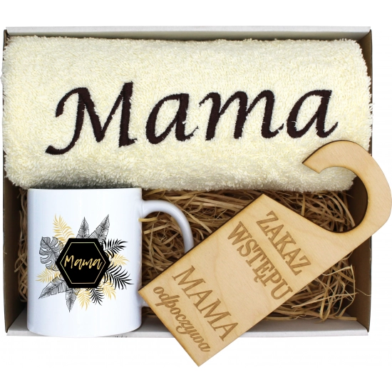 KOMPLET DLA MAMY RĘCZNIK Z HAFTEM + KUBEK 330ml NA PREZENT DZIEŃ MATKI MAMA