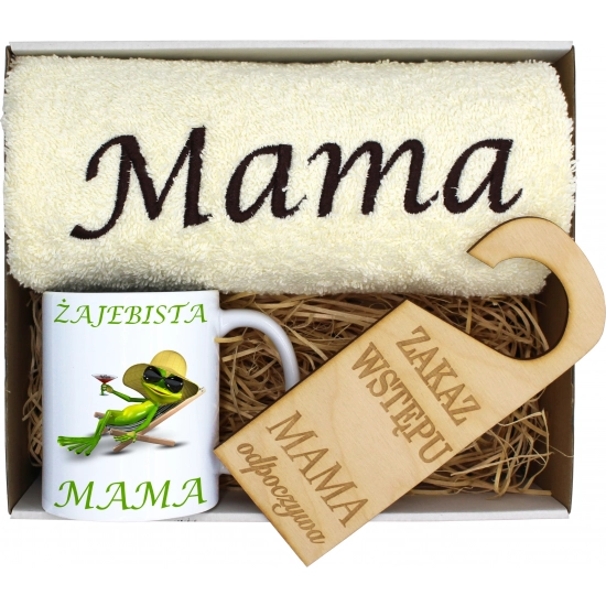 KOMPLET DLA MAMY RĘCZNIK Z HAFTEM + KUBEK 330ml NA PREZENT DZIEŃ MATKI MAMA