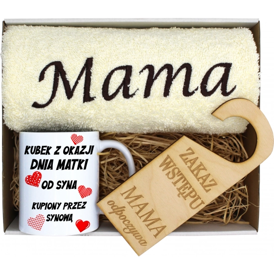 KOMPLET DLA MAMY RĘCZNIK Z HAFTEM + KUBEK 330ml NA PREZENT DZIEŃ MATKI MAMA