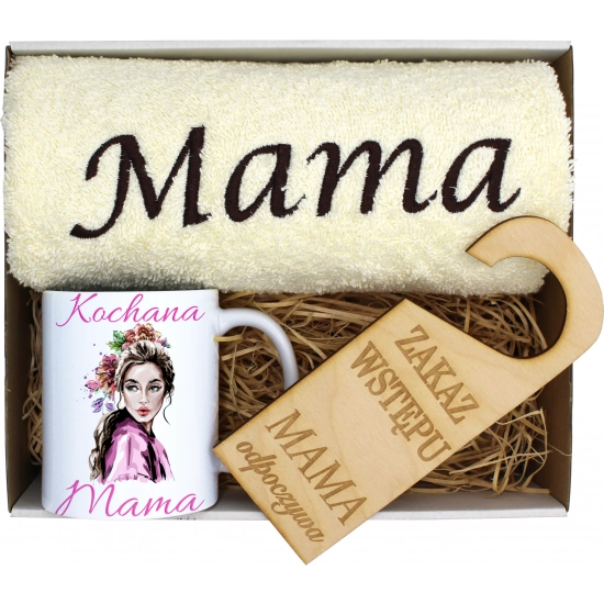 KOMPLET DLA MAMY RĘCZNIK Z HAFTEM + KUBEK 330ml NA PREZENT DZIEŃ MATKI MAMA