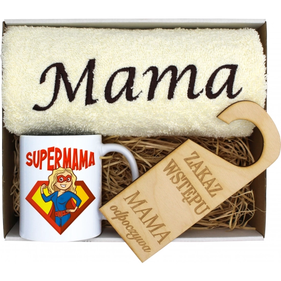 KOMPLET DLA MAMY RĘCZNIK Z HAFTEM + KUBEK 330ml NA PREZENT DZIEŃ MATKI MAMA