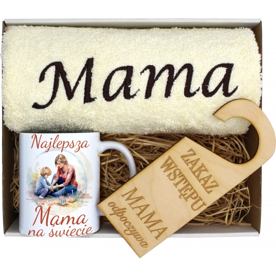 KOMPLET DLA MAMY RĘCZNIK Z HAFTEM + KUBEK 330ml NA PREZENT DZIEŃ MATKI MAMA