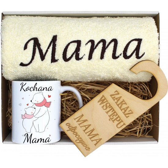 KOMPLET DLA MAMY RĘCZNIK Z HAFTEM + KUBEK 330ml NA PREZENT DZIEŃ MATKI MAMA