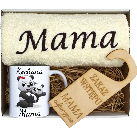 KOMPLET DLA MAMY RĘCZNIK Z HAFTEM + KUBEK 330ml NA PREZENT DZIEŃ MATKI MAMA