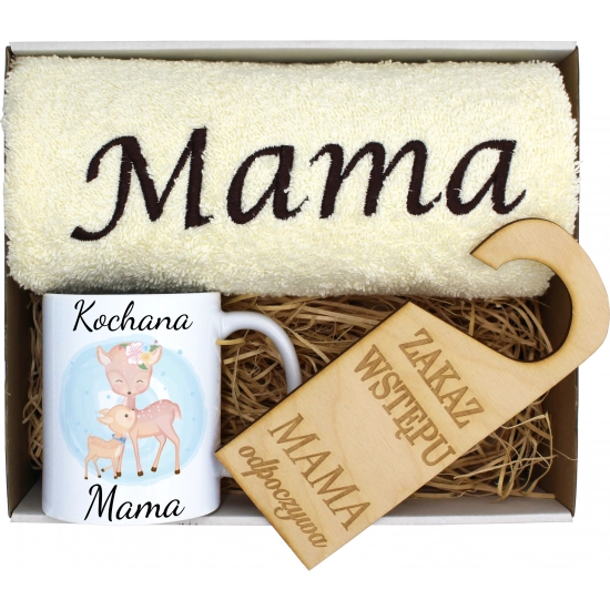 KOMPLET DLA MAMY RĘCZNIK Z HAFTEM + KUBEK 330ml NA PREZENT DZIEŃ MATKI MAMA