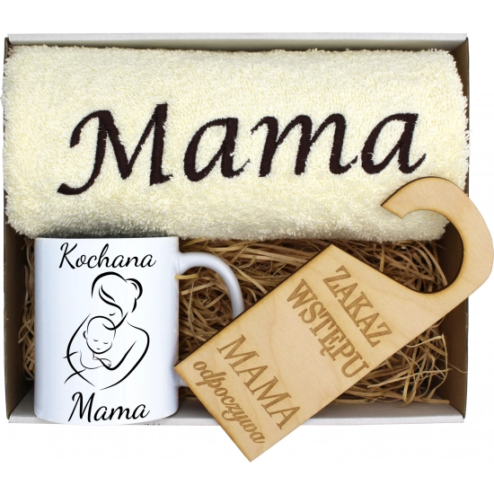 KOMPLET DLA MAMY RĘCZNIK Z HAFTEM + KUBEK 330ml NA PREZENT DZIEŃ MATKI MAMA