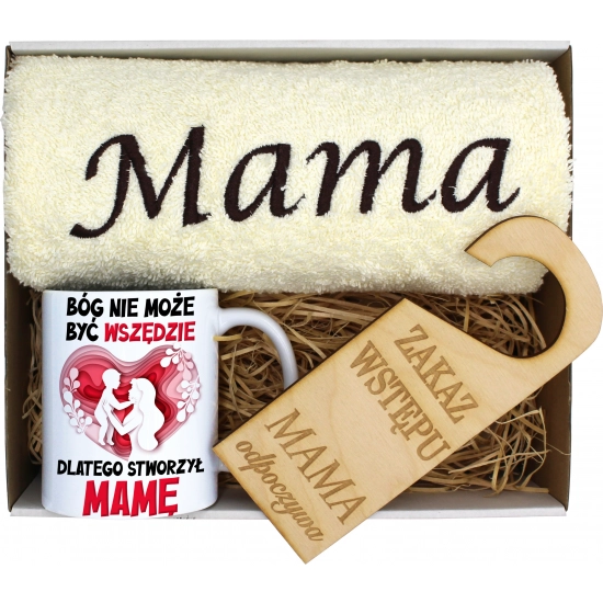 KOMPLET DLA MAMY RĘCZNIK Z HAFTEM + KUBEK 330ml NA PREZENT DZIEŃ MATKI MAMA