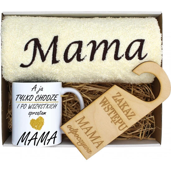 KOMPLET DLA MAMY RĘCZNIK Z HAFTEM + KUBEK 330ml NA PREZENT DZIEŃ MATKI MAMA