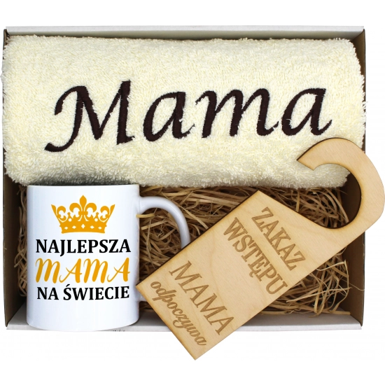 KOMPLET DLA MAMY RĘCZNIK Z HAFTEM + KUBEK 330ml NA PREZENT DZIEŃ MATKI MAMA