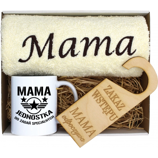 KOMPLET DLA MAMY RĘCZNIK Z HAFTEM + KUBEK 330ml NA PREZENT DZIEŃ MATKI MAMA