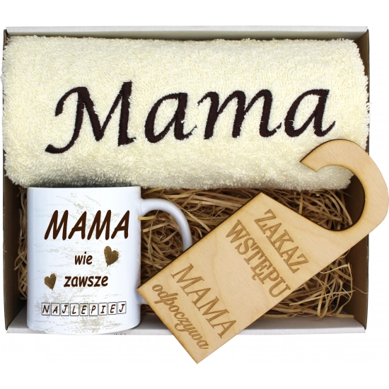 KOMPLET DLA MAMY RĘCZNIK Z HAFTEM + KUBEK 330ml NA PREZENT DZIEŃ MATKI MAMA