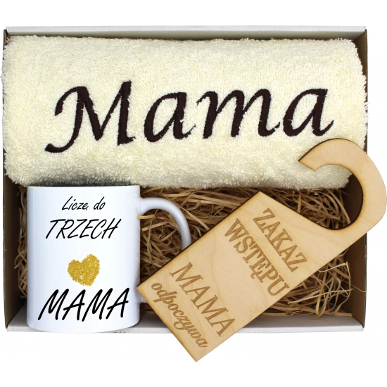 KOMPLET DLA MAMY RĘCZNIK Z HAFTEM + KUBEK 330ml NA PREZENT DZIEŃ MATKI MAMA