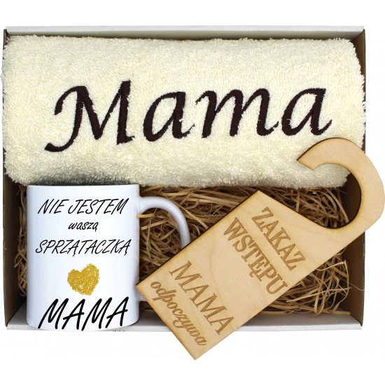 KOMPLET DLA MAMY RĘCZNIK Z HAFTEM + KUBEK 330ml NA PREZENT DZIEŃ MATKI MAMA