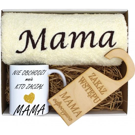 KOMPLET DLA MAMY RĘCZNIK Z HAFTEM + KUBEK 330ml NA PREZENT DZIEŃ MATKI MAMA