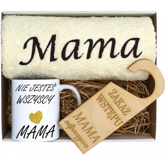 KOMPLET DLA MAMY RĘCZNIK Z HAFTEM + KUBEK 330ml NA PREZENT DZIEŃ MATKI MAMA