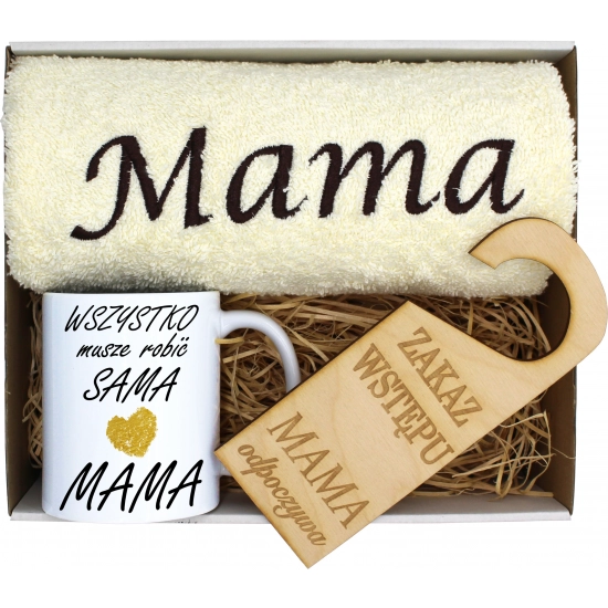 KOMPLET DLA MAMY RĘCZNIK Z HAFTEM + KUBEK 330ml NA PREZENT DZIEŃ MATKI MAMA