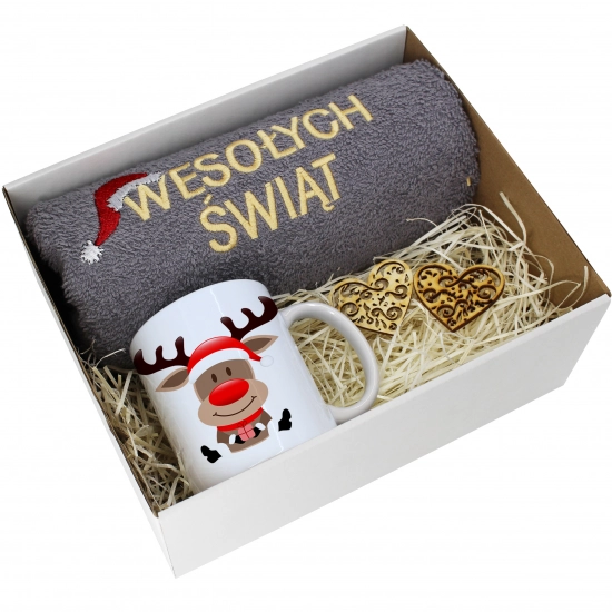 PREZENT NA ŚWIĘTA KUBEK + RĘCZNIK Z HAFTEM ŚWIĄTECZNY ZESTAW MIKOŁAJ