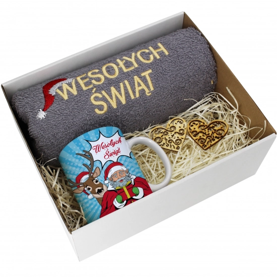 PREZENT NA ŚWIĘTA KUBEK + RĘCZNIK Z HAFTEM ŚWIĄTECZNY ZESTAW MIKOŁAJ