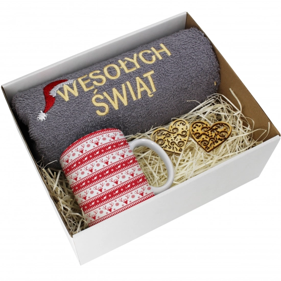 PREZENT NA ŚWIĘTA KUBEK + RĘCZNIK Z HAFTEM ŚWIĄTECZNY ZESTAW MIKOŁAJ