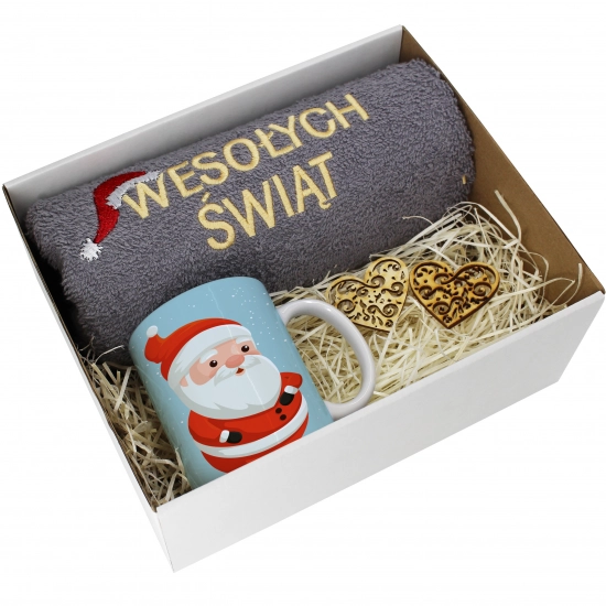 PREZENT NA ŚWIĘTA KUBEK + RĘCZNIK Z HAFTEM ŚWIĄTECZNY ZESTAW MIKOŁAJ