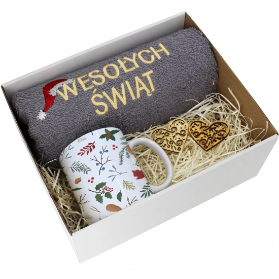 PREZENT NA ŚWIĘTA KUBEK + RĘCZNIK Z HAFTEM ŚWIĄTECZNY ZESTAW MIKOŁAJ