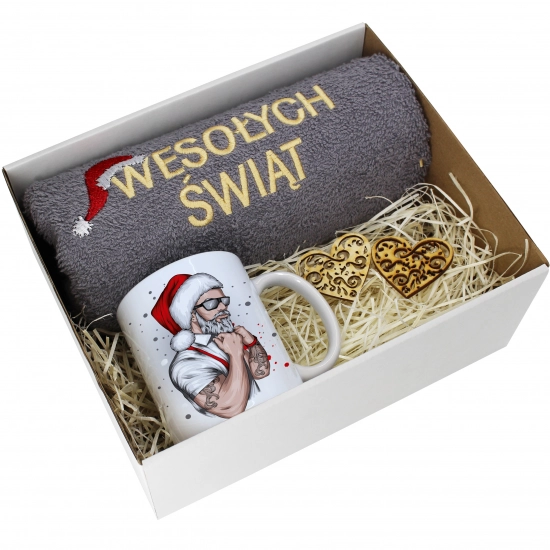 PREZENT NA ŚWIĘTA KUBEK + RĘCZNIK Z HAFTEM ŚWIĄTECZNY ZESTAW MIKOŁAJ