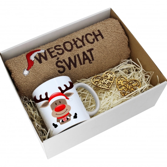 PREZENT NA ŚWIĘTA KUBEK + RĘCZNIK Z HAFTEM ŚWIĄTECZNY ZESTAW MIKOŁAJ