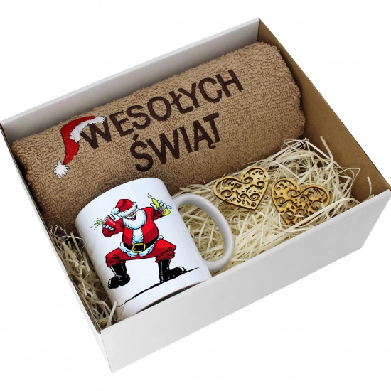 PREZENT NA ŚWIĘTA KUBEK + RĘCZNIK Z HAFTEM ŚWIĄTECZNY ZESTAW MIKOŁAJ