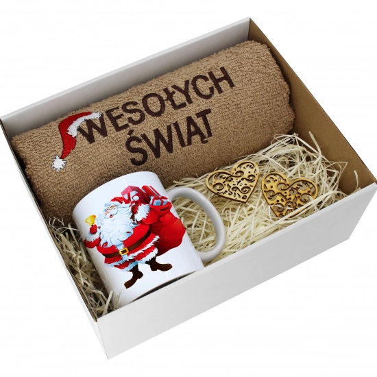 PREZENT NA ŚWIĘTA KUBEK + RĘCZNIK Z HAFTEM ŚWIĄTECZNY ZESTAW MIKOŁAJ