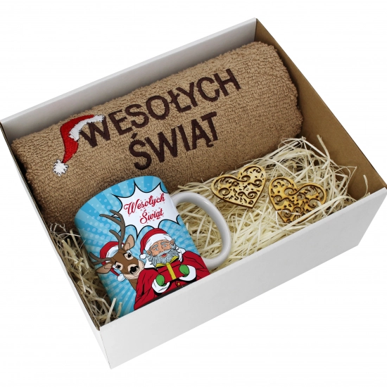 PREZENT NA ŚWIĘTA KUBEK + RĘCZNIK Z HAFTEM ŚWIĄTECZNY ZESTAW MIKOŁAJ