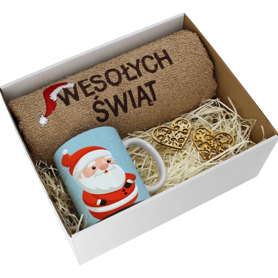 PREZENT NA ŚWIĘTA KUBEK + RĘCZNIK Z HAFTEM ŚWIĄTECZNY ZESTAW MIKOŁAJ