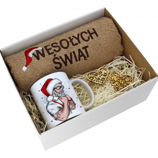 PREZENT NA ŚWIĘTA KUBEK + RĘCZNIK Z HAFTEM ŚWIĄTECZNY ZESTAW MIKOŁAJ
