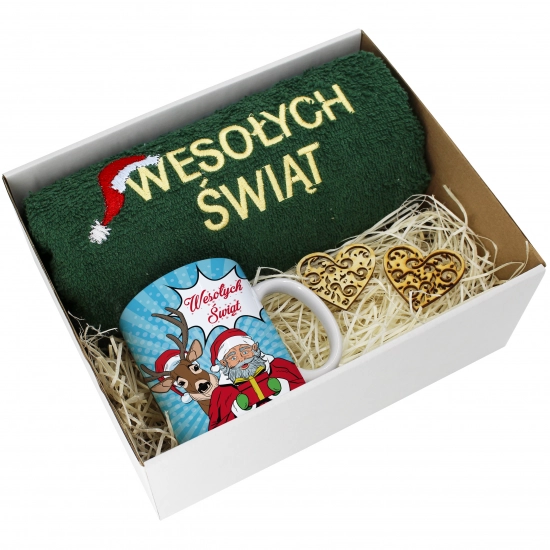 PREZENT NA ŚWIĘTA KUBEK + RĘCZNIK Z HAFTEM ŚWIĄTECZNY ZESTAW MIKOŁAJ