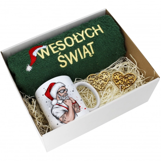 PREZENT NA ŚWIĘTA KUBEK + RĘCZNIK Z HAFTEM ŚWIĄTECZNY ZESTAW MIKOŁAJ