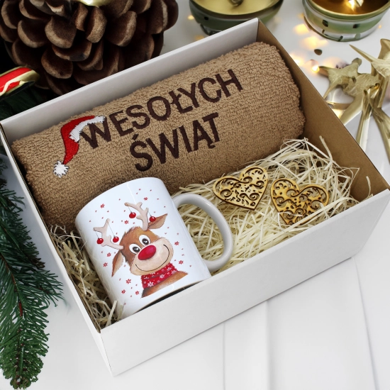 PREZENT NA ŚWIĘTA KUBEK + RĘCZNIK Z HAFTEM ŚWIĄTECZNY ZESTAW MIKOŁAJ