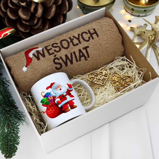 PREZENT NA ŚWIĘTA KUBEK + RĘCZNIK Z HAFTEM ŚWIĄTECZNY ZESTAW MIKOŁAJ