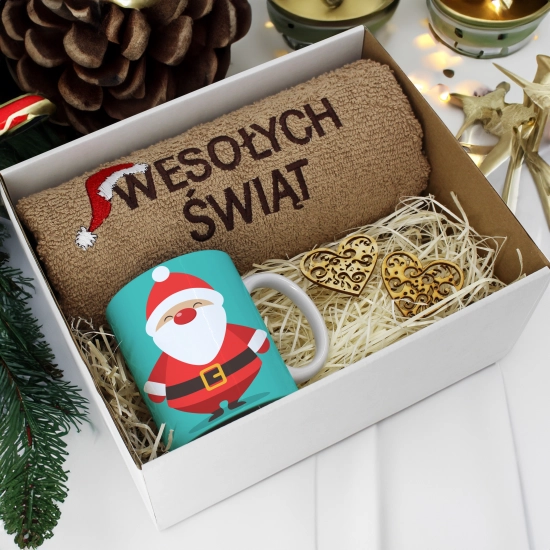 PREZENT NA ŚWIĘTA KUBEK + RĘCZNIK Z HAFTEM ŚWIĄTECZNY ZESTAW MIKOŁAJ