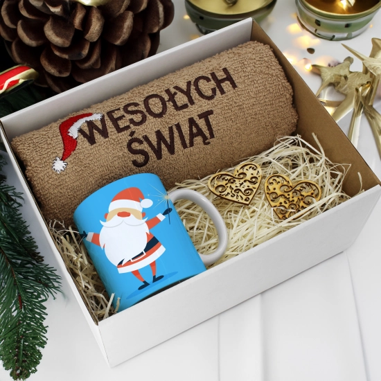 PREZENT NA ŚWIĘTA KUBEK + RĘCZNIK Z HAFTEM ŚWIĄTECZNY ZESTAW MIKOŁAJ