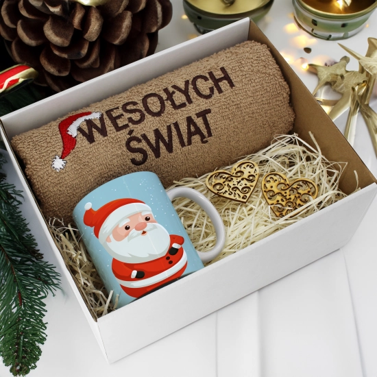 PREZENT NA ŚWIĘTA KUBEK + RĘCZNIK Z HAFTEM ŚWIĄTECZNY ZESTAW MIKOŁAJ