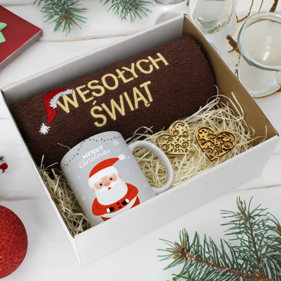 PREZENT NA ŚWIĘTA KUBEK + RĘCZNIK Z HAFTEM ŚWIĄTECZNY ZESTAW MIKOŁAJ
