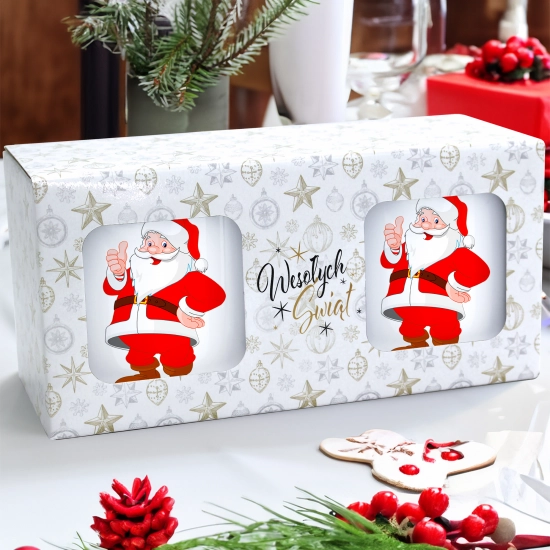 ŚWIĄTECZNY KOMPLET KUBKÓW 330ml LATTE PREZENT MIKOŁAJ ZESTAW W PUDEŁKU DRUK