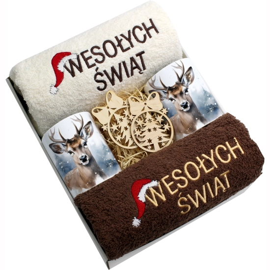 ZESTAW PREZENT ŚWIĄTECZNY KOMPLET KUBKI RĘCZNIKI ŚWIĘTA MIKOŁAJ POD CHOINKĘ