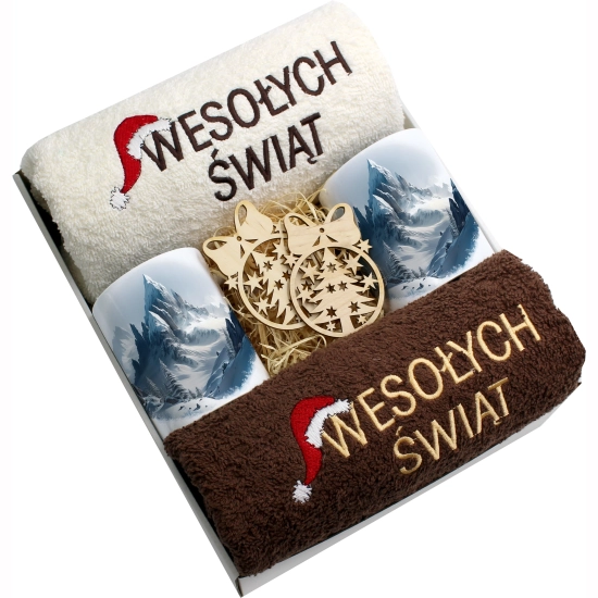 ZESTAW PREZENT ŚWIĄTECZNY KOMPLET KUBKI RĘCZNIKI ŚWIĘTA MIKOŁAJ POD CHOINKĘ